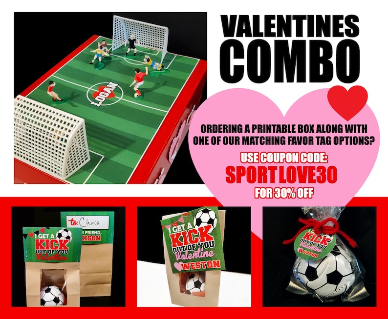 May include: A soccer-themed Valentine's Day combo in red and green. The image shows a miniature soccer field with players, favor bags with soccer balls, and text that reads "VALENTINES COMBO" and "GET A KICK OUT OF YOU".
