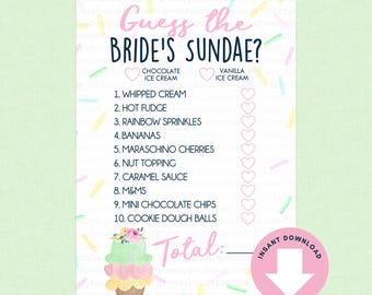 Puede incluir: Una tarjeta de juego imprimible para la despedida de soltera titulada "¿Adivina el Sundae de la Novia?" con una combinación de colores rosa y blanco. La tarjeta enumera los ingredientes del sundae y tiene una sección para la puntuación total. Incluye un gráfico de "Descarga instantánea".