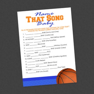 Blue Basketball Name That Song Baby Shower Game - INSTANT DOWNLOAD - Basketball Baby Shower Games, Baby Lyric Game, Baby Shower Song Game