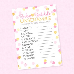 Pink & Gold Confetti Baby Word Unscramble Shower Game - INSTANT DOWNLOAD- Girl Baby Shower Games, Baby Babble, Unscramble, Pink, Gold