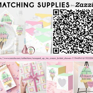 Op de afbeelding: Een verzameling bijpassende feestartikelen met een ijsjesthema. Inclusief borden, lippenbalsem, enveloppen en een bord. De tekst luidt "She's been scooped up!" en "She's found her match!"