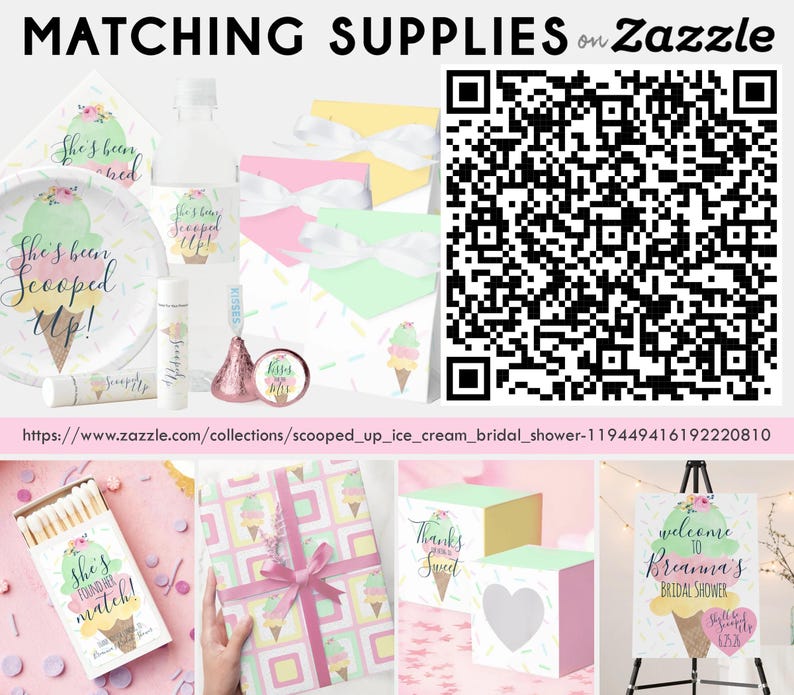 Op de afbeelding: Een verzameling bijpassende feestartikelen met een ijsjesthema. Inclusief borden, lippenbalsem, enveloppen en een bord. De tekst luidt "She's been scooped up!" en "She's found her match!"