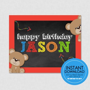 Teddy Bear Party Sign - EDITABLE INSTANT DOWNLOAD - Teddy Bear Welcome Sign, Bear Birthday Poster, Boy, Great For Build A Bear Birthday