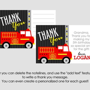 Firetruck Thank You EDITABLE INSTANT DOWNLOAD Fire Engine, Fire Truck Thank You Cards, Firefighter, Firetruck Thank You Note image 2