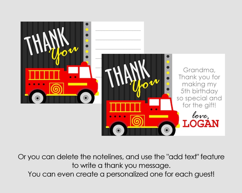 Firetruck Thank You EDITABLE INSTANT DOWNLOAD Fire Engine, Fire Truck Thank You Cards, Firefighter, Firetruck Thank You Note image 2