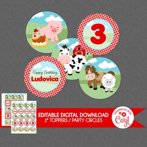 Geburtstag Cupcake Topper / Party Kreise - EDITIERBARE SOFORTIGE DOWNLOAD - Geburtstag auf dem Bauernhof, Scheunentiere, Geburtstagsdekoration, Bauernhof Tier