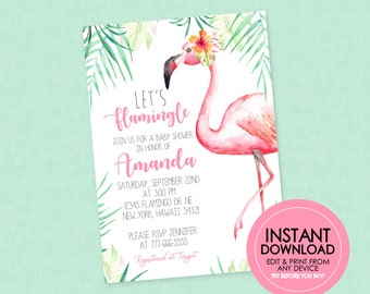 Flamingo Baby Shower Invitation - INSTANT DOWNLOAD - Edit & Print From Any Device, Flamingo Baby Shower Invites, Let's Flamingle, Flamingo