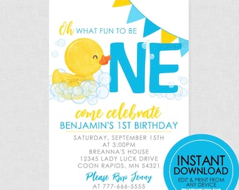 Rubber Duck Fun to be One Birthday Invitation - EDITABLE INSTANT DOWNLOAD - Duck Birthday Invite, Ducky Birthday Invitations, 1st Birthday