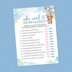Bear Guess Who Said It Baby Shower Game - INSTANT DOWNLOAD - Bear Baby Shower Games, Guess Who Game, Mom or Dad, Bearly Wait, Cloud, Balloon