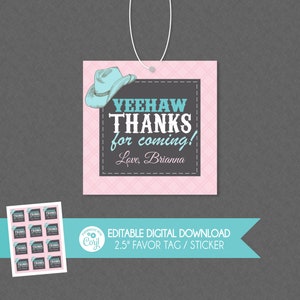 Cowgirl Favor Tags - EDITABLE INSTANT DOWNLOAD - Cowgirl Birthday Favor Tag, Cowgirl Party, Rustic, Girl, Pink, Teal Blue