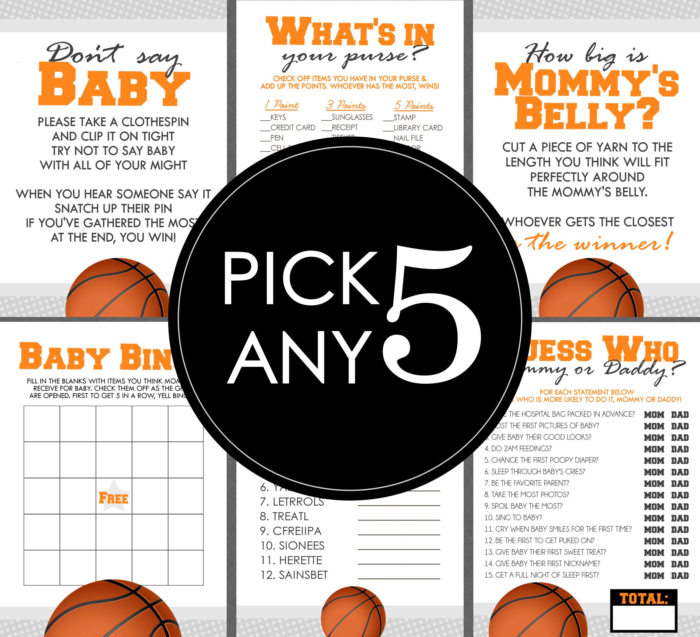 Basketball Baby Shower Games PICK ANY 5 up to 15 Games to Etsy