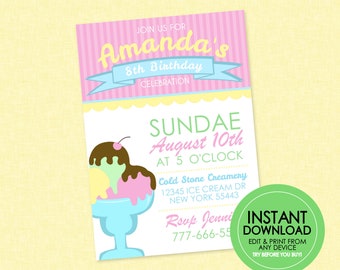 Ice Cream Party Invitation - EDITABLE INSTANT DOWNLOAD - Ice Cream Birthday Invite, Ice Cream Party , Ice Cream Social, Sweet Shop