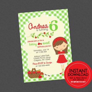 Picnic Birthday Invitation - EDITABLE INSTANT DOWNLOAD - Girl Picnic Birthday Invite, Picnic Birthday Invites, Watermelon, Park Picnic Party