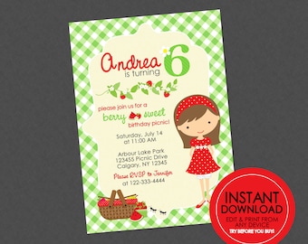 Picnic Birthday Invitation - EDITABLE INSTANT DOWNLOAD - Girl Picnic Birthday Invite, Picnic Birthday Invites, Watermelon, Park Picnic Party