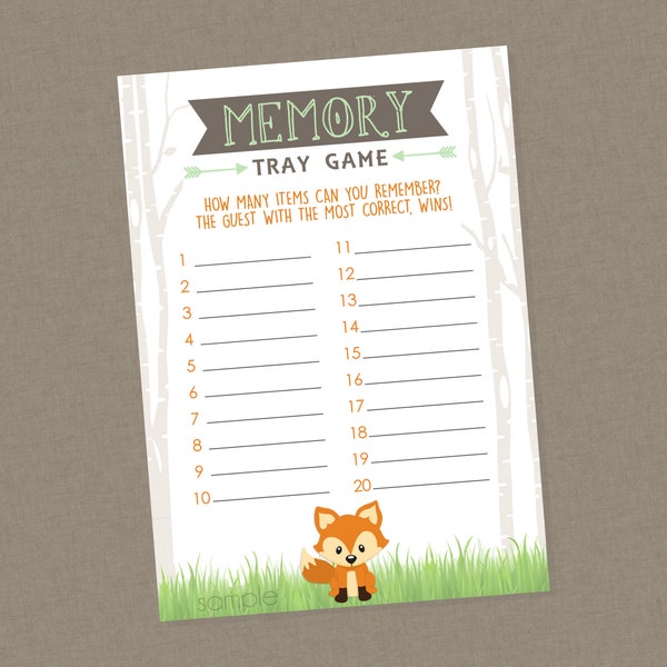 Memory Tray Baby Shower Game - INSTANT DOWNLOAD - Woodland Baby Shower Games, Camper, Memory Game, Memory Tray, Fox, Forest Animal