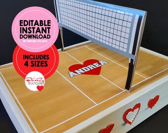 May include: A volleyball-themed box with a net and court design. The court features a red heart with the name "Andrea" in white. The box has a light wood-grain pattern and includes decorative red hearts. The image also includes text that says "Editable Instant Download" and "Includes 4 Sizes".