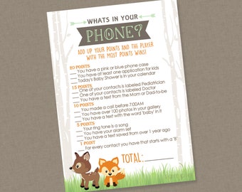 Woodland Was ist in Ihrem Telefon Babyparty Spiel - SOFORTIGER DOWNLOAD - Woodland Duschspiele, Fuchs, Hirsch, Telefonspiel, Waldtiere