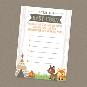 Guess The Baby Food Shower Game - INSTANT DOWNLOAD - Woodland Baby Shower Games, Baby Food Smell, Little Camper, Teepee, Forest Animals