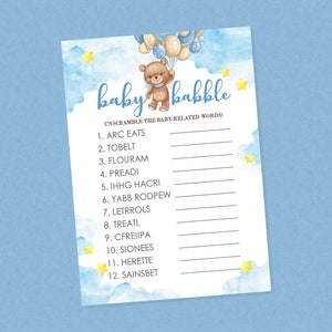 Bear Word Unscramble Baby Shower Game - INSTANT DOWNLOAD - Teddy Bear, Shower Games, Baby Babble, Unscramble, Balloons, Clouds, Bearly Wait