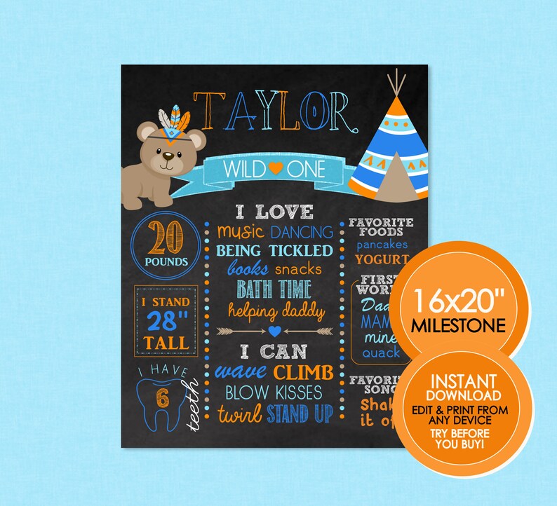 Wild One Birthday Milestone Chalkboard EDITABLE INSTANT Etsy