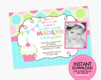 Little Cupcake Birthday Invites - EDITABLE INSTANT DOWNLOAD - Cupcake Birthday Party, Cupcake Photo Invite, Polka Dot, Pink, Green, Blue