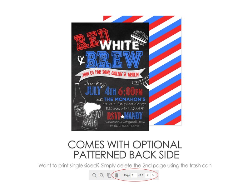 May include: Red, white, and blue invitation for a 4th of July party. The invitation says "Red White & Brew" and includes a date and time for the party. The invitation also includes a red, white, and blue striped background.