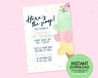 Invitación de cumpleaños de helado - DESCARGA INSTANTÁNEA - Edita e imprime desde cualquier dispositivo, Invitación de helado, Fiesta de helado, Fiesta de helado