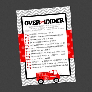 Over or Under Firetruck Baby Shower Game - INSTANT DOWNLOAD - Firetruck Baby Shower Games, Over or Under, Fire Engine, Firefighter