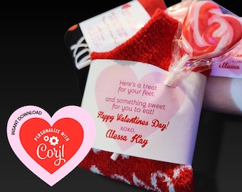 Cozy Feet & Sweet Treats Printable Sock Favor Wrap - INSTANT DOWNLOAD - Affordable Valentines Gift for Friends Classmates Coworkers Students
