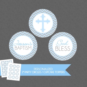Blue God Bless Cupcake Toppers / Party Circles, Baptism, First Communion, Confirmation,  Decorations, Boy, Baptism Cupcake Toppers