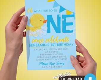 May include: Blue and yellow birthday invitation with a rubber ducky and the text "Oh what fun to be one, come celebrate Benjamin's 1st birthday". The invitation includes the date, time, and location of the party.