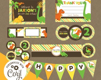 May include: A set of printable dinosaur-themed party decorations for a second birthday. The set includes a welcome sign, thank you cards, favor tags, cupcake toppers, and a banner that says "HAPPY". The colors are green, yellow, brown, and orange.