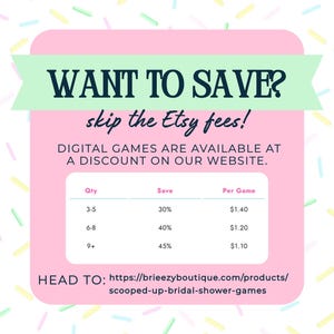 Op de afbeelding: Roze en groene afbeelding met de tekst "WANT TO SAVE? skip the Etsy fees!" en een tabel met kortingen op digitale spellen. Het websiteadres is inbegrepen. De achtergrond heeft kleurrijke hagelslag.