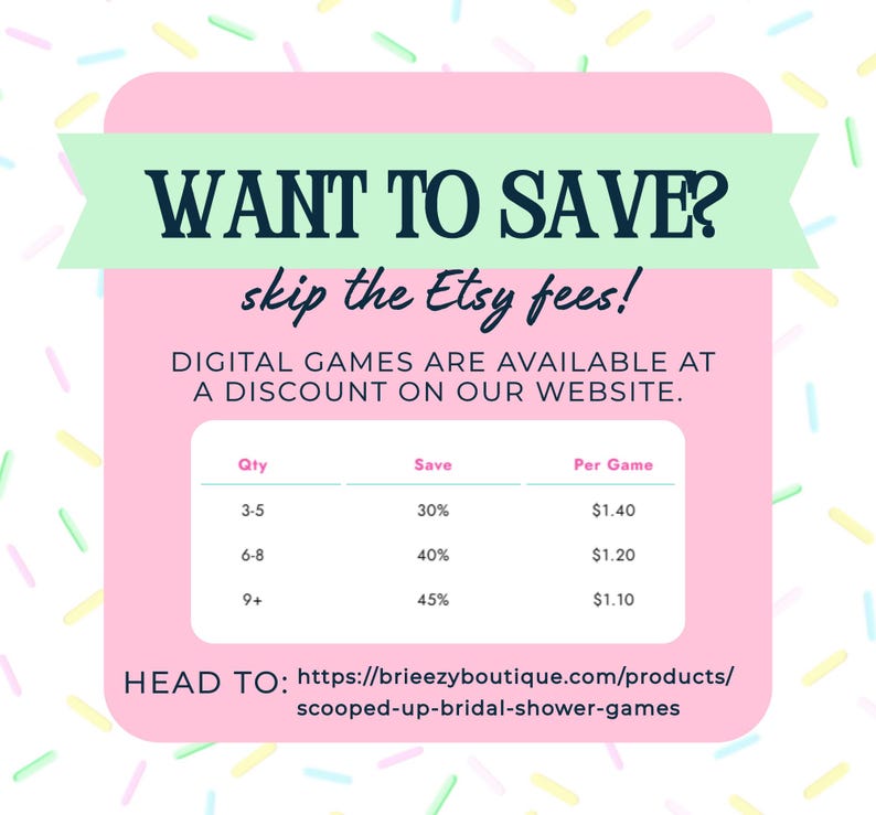 Op de afbeelding: Roze en groene afbeelding met de tekst "WANT TO SAVE? skip the Etsy fees!" en een tabel met kortingen op digitale spellen. Het websiteadres is inbegrepen. De achtergrond heeft kleurrijke hagelslag.