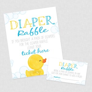 May include: A blue and yellow printable sign for a diaper raffle. The sign says "DIAPER Raffle" and "If you brought a pack of diapers for the diaper raffle leave your ticket here". A yellow rubber duck with a blue beak is pictured on the sign. A smaller blue and yellow sign says "DIAPER Raffle" and "Bring a pack of diapers in any size for your chance to win a prize!" with a blank line for a name.