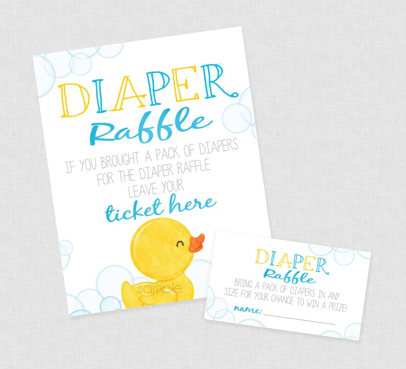 May include: A blue and yellow printable sign for a diaper raffle. The sign says "DIAPER Raffle" and "If you brought a pack of diapers for the diaper raffle leave your ticket here". A yellow rubber duck with a blue beak is pictured on the sign. A smaller blue and yellow sign says "DIAPER Raffle" and "Bring a pack of diapers in any size for your chance to win a prize!" with a blank line for a name.