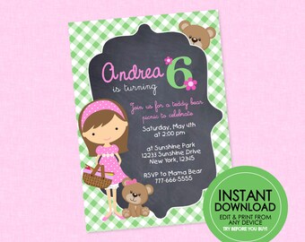 Teddy Bear Picnic Birthday Invitation - EDITABLE INSTANT DOWNLOAD - Birthday, Teddy Bear Picnic Party Invites, Picnic Party, Green, Pink