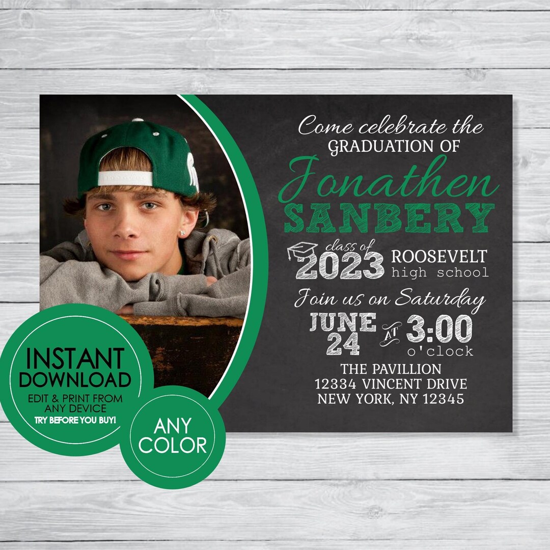 Graduation Photo Chalkboard Invitations - EDITABLE INSTANT DOWNLOAD ...