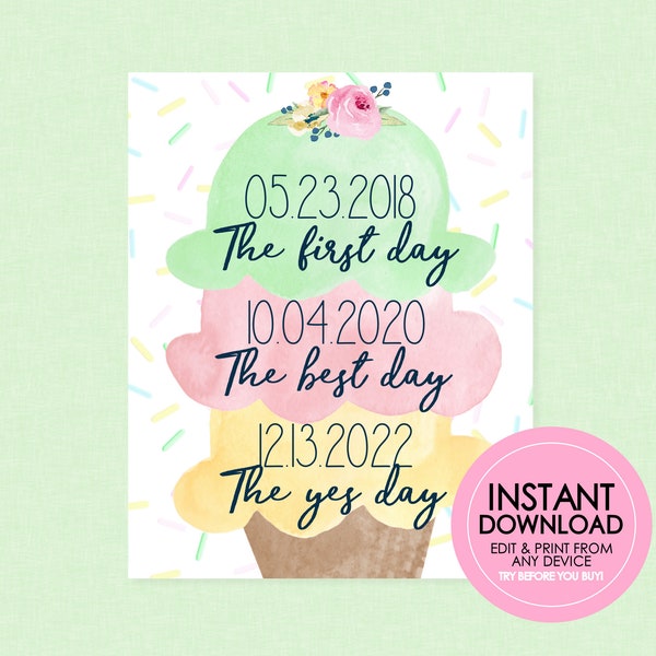 First Day Best Day Yes Day Party Sign - EDITABLE INSTANT DOWNLOAD - Ice Cream Bridal Shower, Met Engaged Married, Date Sign, Scooped Up