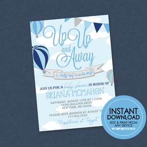 Printable Blue Hot Air Balloon Baby Shower Invitation Baby Boy You ...