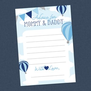 Blue Hot Air Balloon Baby Shower Advice For Mommy & Daddy Printable Cards - INSTANT DOWNLOAD - Balloon Advice Cards, Balloon Baby Shower