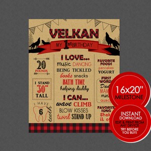Lumberjack Birthday Milestone Poster - EDITABLE INSTANT DOWNLOAD - Birthday Sign, Lumberjack Birthday, Chalkboard Poster, Flannel, Wolf