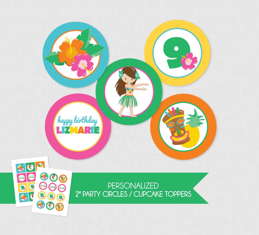 Luau Birthday Cupcake Toppers / Party Circles, Luau Birthday, Cupcake