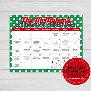 25 Days of Christmas Activity Calendar - EDITABLE INSTANT DOWNLOAD - Christmas Activities, 25 Days of Christmas, Kids Christmas, Advent