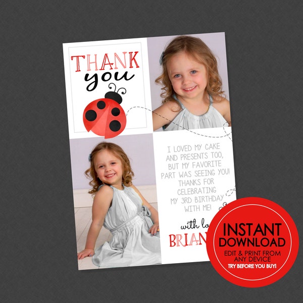 Lady Bug Photo Thank You - EDITABLE INSTANT DOWNLOAD - Lady Bug Birthday, Thank You Card, Lady Bug Thank You Cards, Ladybug, Picture