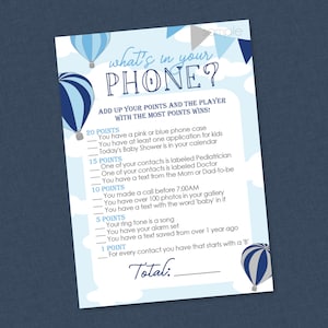 Blue Balloon What&#39;s In Your Phone Baby Shower Game - INSTANT DOWNLOAD - Balloon Shower Games, Hot Air Balloon Baby Shower, Phone Game, Boy