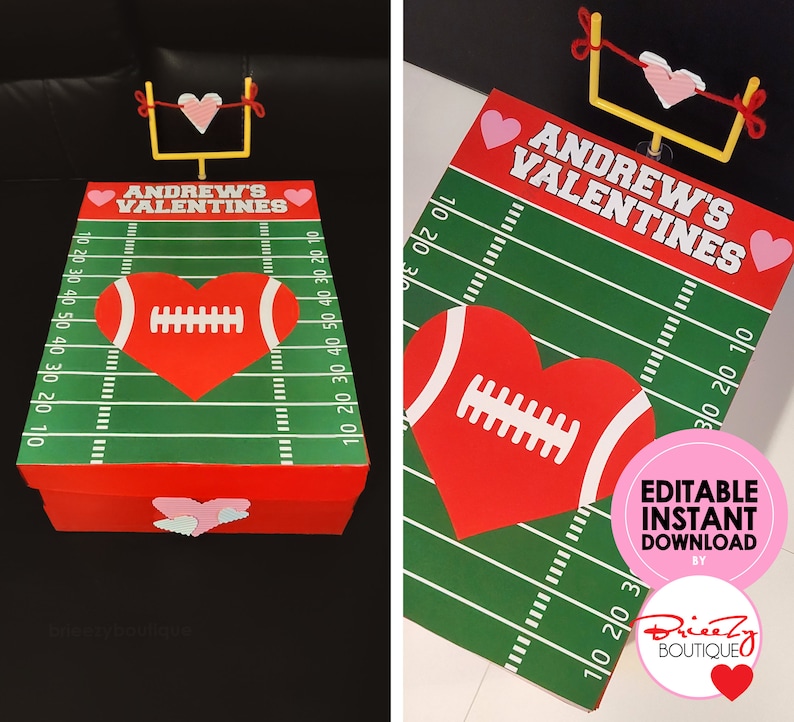 May include: A red box with a football field design, featuring a heart-shaped football. The box is labelled "ANDREW'S VALENTINES" and includes a miniature goalpost and heart decorations. The design is for Valentine's Day.