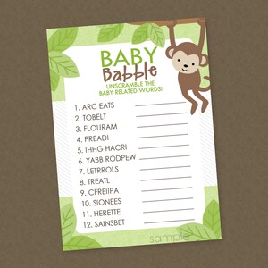 Monkey Baby Word Unscramble Shower Game - INSTANT DOWNLOAD- Monkey Shower Games, Safari, Baby Babble, Unscramble, Jungle Baby Shower