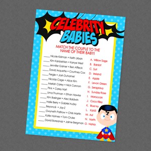 Superhelden Promi Babys Duschspiel - SOFORTIGER DOWNLOAD - Superheld Duschspiele, Superhelden Babyparty, Promi-Babynamen, Super Baby