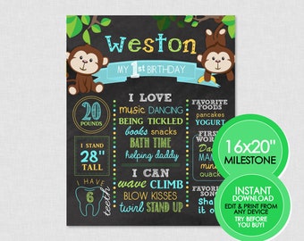 Monkey Birthday Milestone Chalkboard - EDITABLE INSTANT DOWNLOAD - Monkey Milestone, Monkey Birthday, Monkey Birthday Poster, Printable